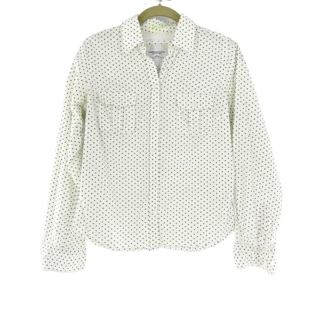 American Eagle Shirt Womens 8 White Green Polka Dot Button Down Long Sleeve Top